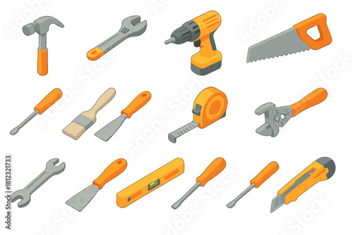 Essential hand tools and power equipment set for construction and home improvement projects