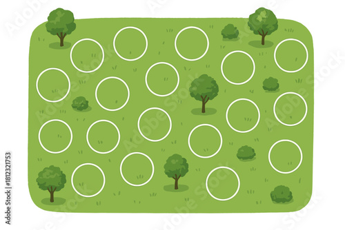 Overhead view of green park lawn with trees, shrubs, and white circular social distancing markers