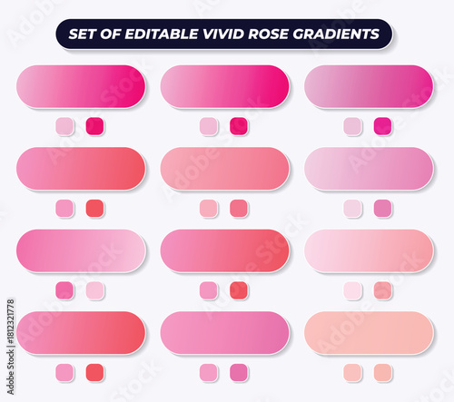 Set of editable vivid rose gradient color palette swatch button design element