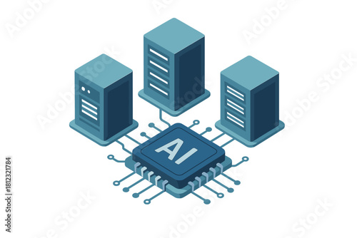 Artificial intelligence processor chip connected to data center server racks in isometric view