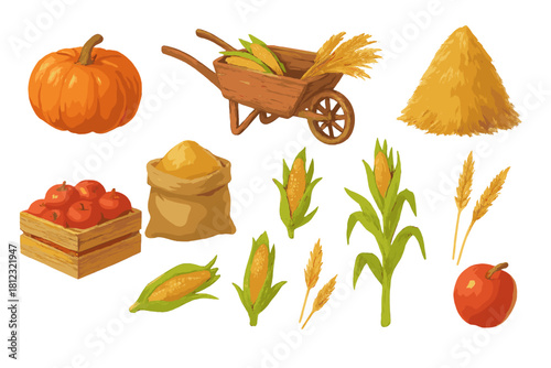 Autumn harvest set with pumpkin, corn, apples, wheat, hay, and rustic farm tools