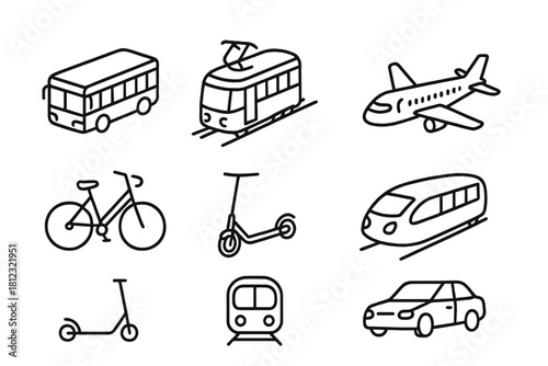 Nine different modes of transportation for air, rail, and road travel including bus, car, train, and airplane