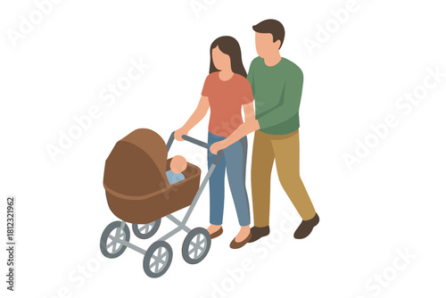 Young parents pushing a baby carriage while walking together, depicting modern family life and parenthood journey