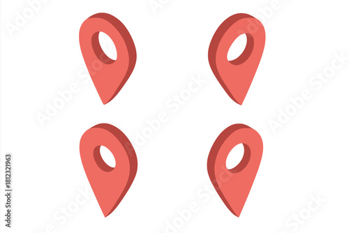 Symmetrical arrangement of four isometric red location pins in a grid pattern on a white background