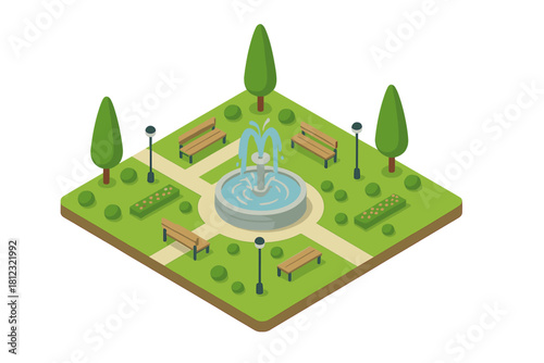 Isometric view of a public park square with a central fountain, benches, trees, and pathways