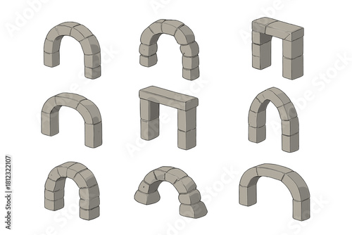 Isometric collection of stone arches and rectangular portals in various shapes and sizes