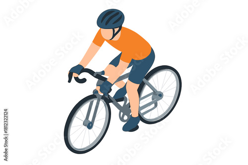 Active cyclist riding a racing bicycle in isometric view wearing helmet and sportswear