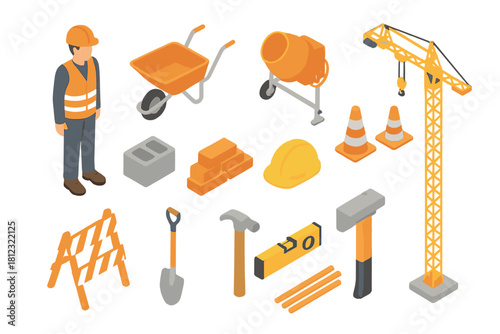Isometric set of construction site objects including worker safety equipment heavy machinery and hand tools