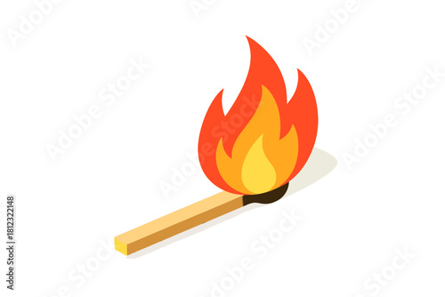 Vibrant flame burning on a wooden matchstick against a clean white background