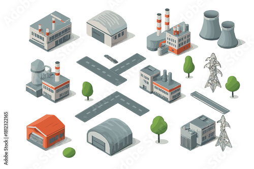 Isometric industrial infrastructure set with factories, power plants, and roads