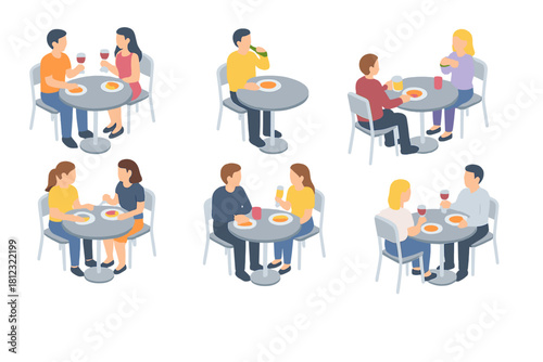 Isometric couples and individuals enjoying food and beverages at restaurant tables