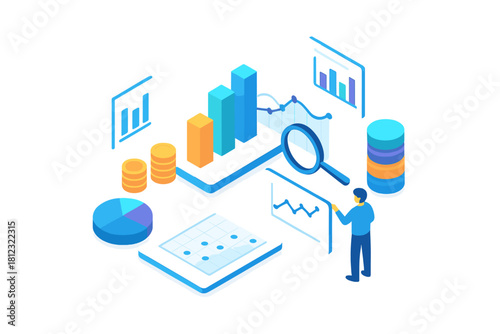 Isometric financial analysis and market research concept with charts, graphs, and magnifying glass