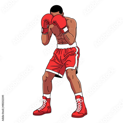 Illustration of a male boxer in a defensive fighting stance.