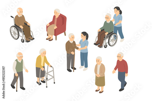 Isometric scene of elderly people and caregivers providing assistance and support