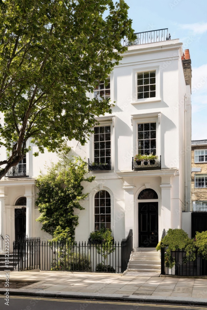 Obraz premium Beautiful white townhouse with greenery in a peaceful neighborhood showcasing classic architecture during a sunny day in an urban setting