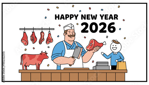 Happy New Year 2026 illustration of a butcher selling meat and beef products to a customer
