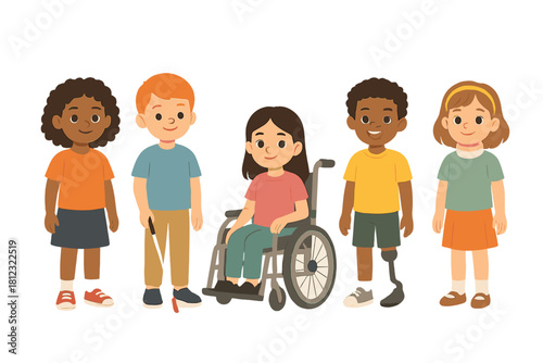 Diverse group of smiling children with disabilities standing together for inclusion and equality