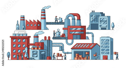 Industrial factory complex illustration manufacturing production logistics and labor supply chain
