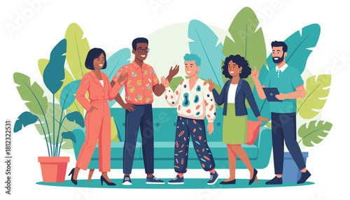 Diverse team meeting in a plantfilled workspace celebrating collaboration community and success