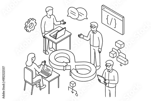 Business team collaborating on continuous development process using DevOps symbols and workflow