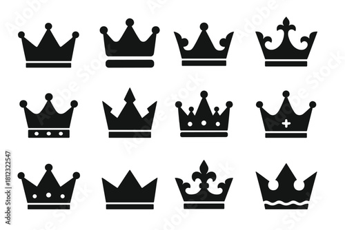 Set of black silhouette royal crowns and king tiaras symbolizing monarchy and authority