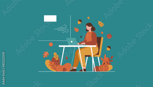 Woman working remotely on a laptop in an autumnthemed flat illustration Productivity and fall season