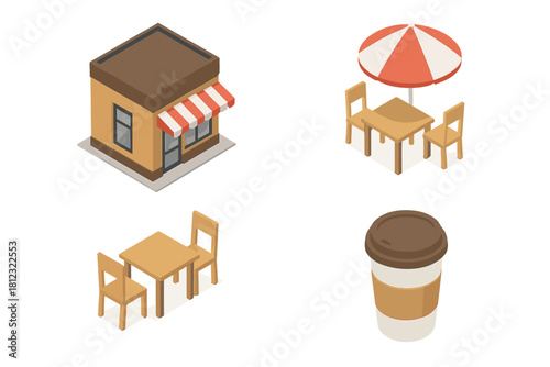 Isometric coffee shop building with outdoor dining furniture and disposable beverage cup