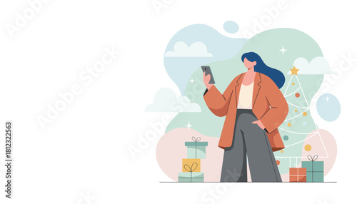 Young woman uses smartphone for holiday shopping near Christmas gifts and decorated tree