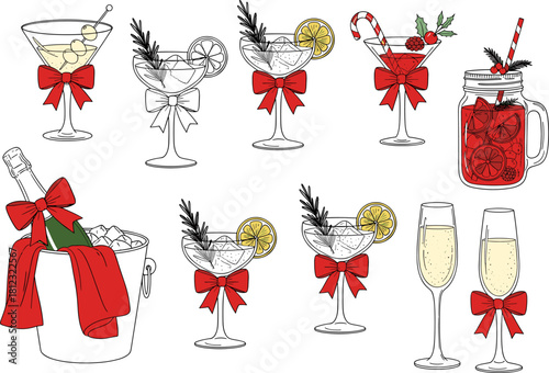 A festive collection of christmas cocktails and champagne isolated on, adorned with red bows, perfect for holiday celebrations and seasonal cheer