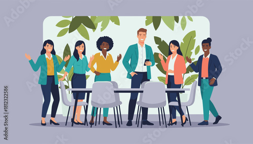 Diverse professional team collaborating in a modern meeting room Teamwork concept illustration