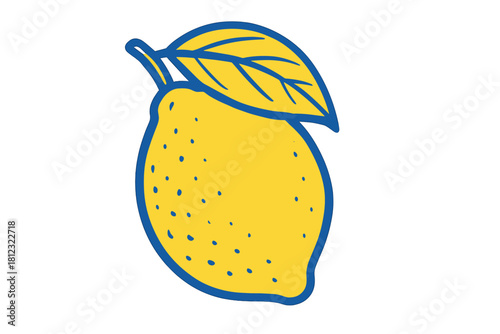 Stylized fresh whole lemon fruit with a leaf in bold yellow and blue colors