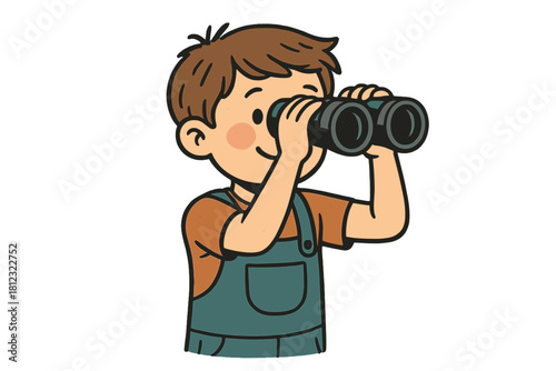 Happy young boy in overalls looking through binoculars, exploring and searching for adventure