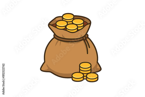 Brown sack overflowing with shiny golden coins symbolizing treasure and riches