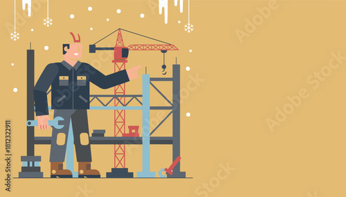 Construction worker oversees winter building project with crane Labor industry and maintenance concept