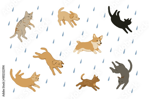 Playful cats and dogs running and jumping in a seamless pattern with raindrops
