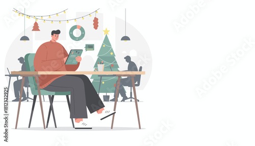 Festive office work Man uses a tablet near a Christmas tree preparing for holiday business