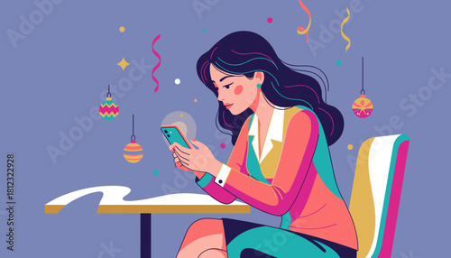 Woman uses smartphone at a festive celebration checking messages or social networking