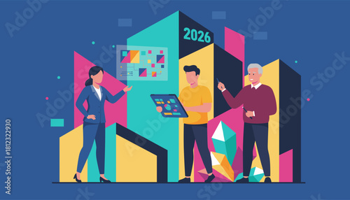 Business people analyze 2026 strategy and growth using geometric data visualization