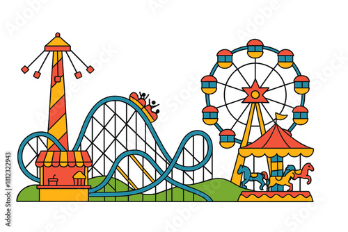 Colorful amusement park rides featuring a large Ferris wheel and thrilling roller coaster