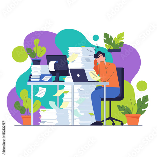 Stressed worker overwhelmed by excessive paperwork and deadlines job burnout