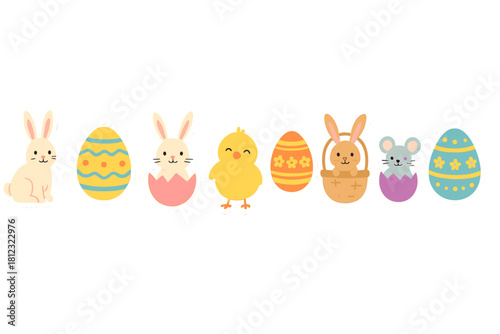 Cute Easter holiday set with rabbits, baby chick, mouse, and colorful patterned eggs