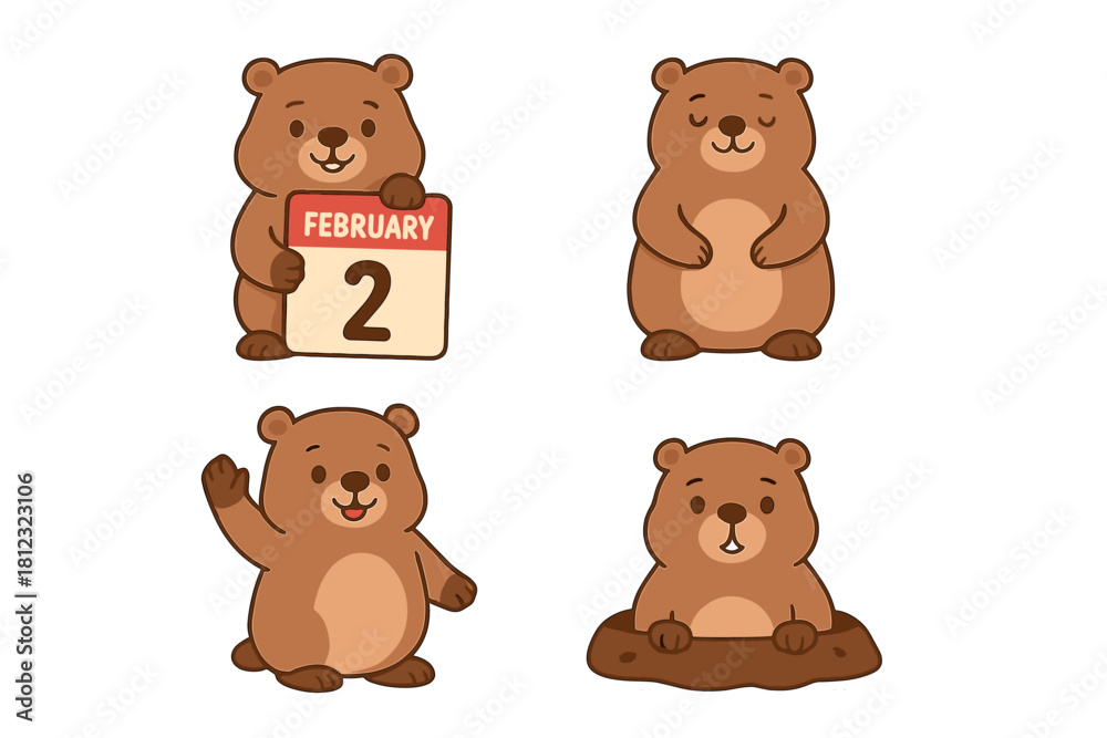 Fototapeta premium Adorable cartoon groundhog character set showing different poses for the February 2nd holiday