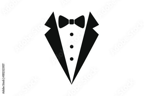 Classic black tuxedo jacket with bow tie and three buttons for formal attire
