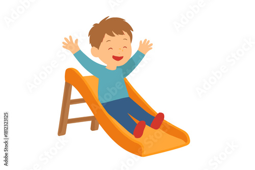 Happy young boy sliding down an orange playground slide with arms raised in excitement and joy