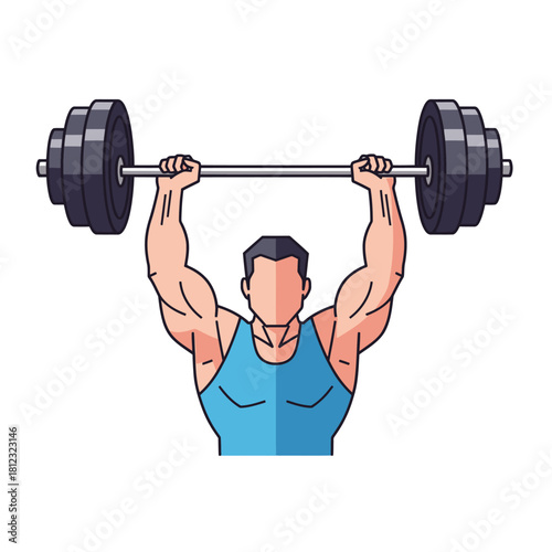 Strong man lifting heavy barbell overhead during workout training session.