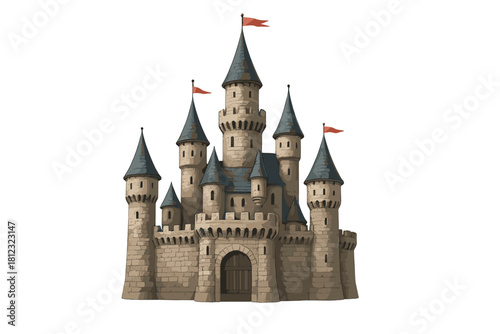 Majestic fantasy castle with tall towers and stone walls isolated on a white background