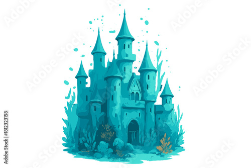 Majestic fantasy castle submerged underwater with turquoise towers and magical aquatic plants