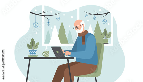 Senior man works remotely on a laptop indoors enjoying coffee while watching the winter snow through the window