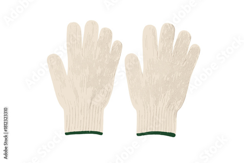 Isolated pair of white knitted cotton work gloves featuring green trim