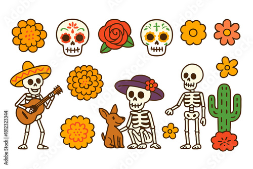 Mexican Day of the Dead celebration elements with dancing skeletons, sugar skulls, and marigold flowers